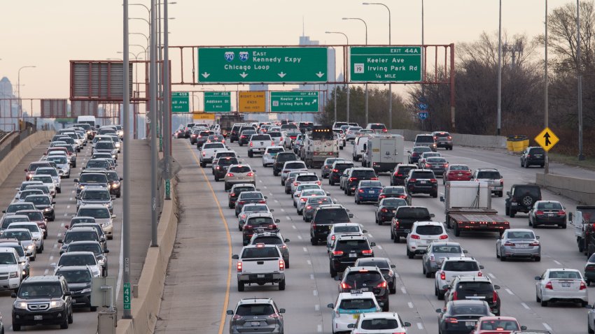 Masses of vehicles move slowly on the Montrose Ave overpass at the 1-90 Kennedy Expressway and the I-94 Edens Split the day before Thanksgiving on November 22, 2017 in Chicago, Illinois.  (Photo by Patrick Gorski/NurPhoto via Getty Images)