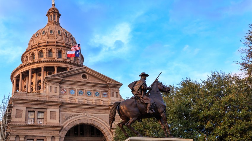 The Texas Ranger statue in front of the Texas Capital building in Austin, TX