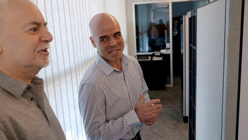 Clark County Public Administrator Robert Telles, right, talks to Review-Journal reporter Jeff German in his Las Vegas office on May 11, 2022. (K.M. Cannon/Las Vegas Review-Journal/Tribune News Service via Getty Images)