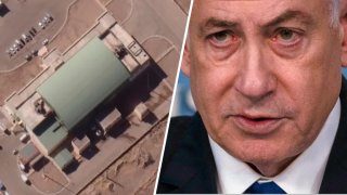 Composición fotográfica que muestra una vista aérea de una sede iraní y al primer ministro de Israel.