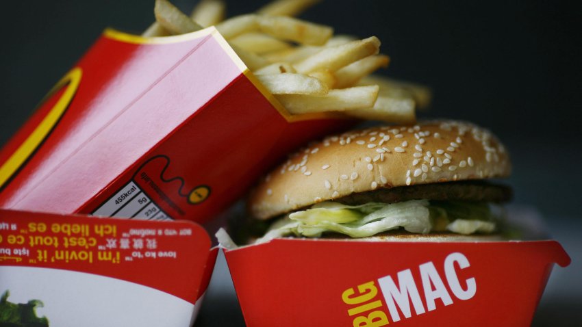 A Big Mac hamburger and french fries are pictured in a McDonalds fast food store in Central London on August 6, 2008. McDonald’s launched a campaign on August 6 to recruit 4,000 staff in Britain to satisfy the demand from cash-strapped customers flocking to its restaurants as the credit crunch bites hard. As the rest of the British economy hits turbulent times, the fast food giant said it was serving an extra two million meals a month compared with this time last year. AFP PHOTO/Ben Stansall (Photo credit should read BEN STANSALL/AFP via Getty Images)