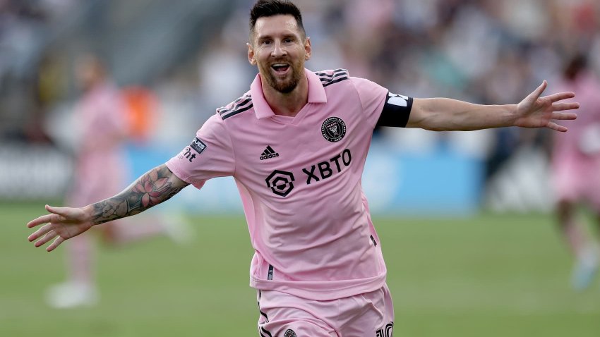 Lionel Messi of Inter Miami CF celebrates after scoring a goal in the first half during the Leagues Cup 2023 semifinals match between Inter Miami CF and Philadelphia Union at Subaru Park in Chester, Pennsylvania, on Aug. 15, 2023.