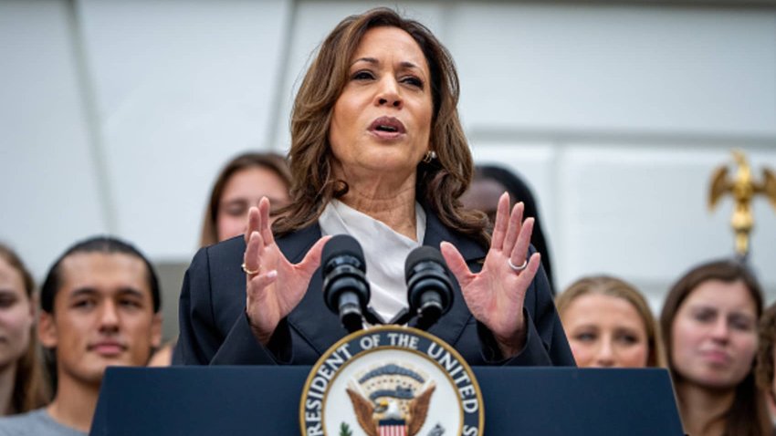 U.S. Vice President Kamala Harris speaks during an NCAA championship teams celebration on the South Lawn of the White House on July 22, 2024 in Washington, DC. U.S. 