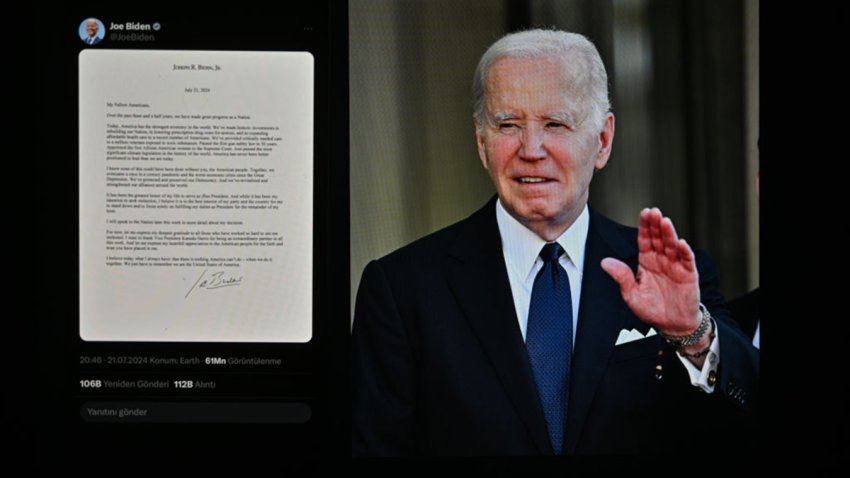 ANKARA, TURKIYE – JULY 21: The letter in which U.S. President Joe Biden announced his withdrawal from candidacy is being displayed on a mobile phone screen in front of a computer screen displaying a photo of President Biden on July 21, 2024 in Ankara, Turkiye. (Photo by Muhammed Abdullah Kurtar/Anadolu via Getty Images)