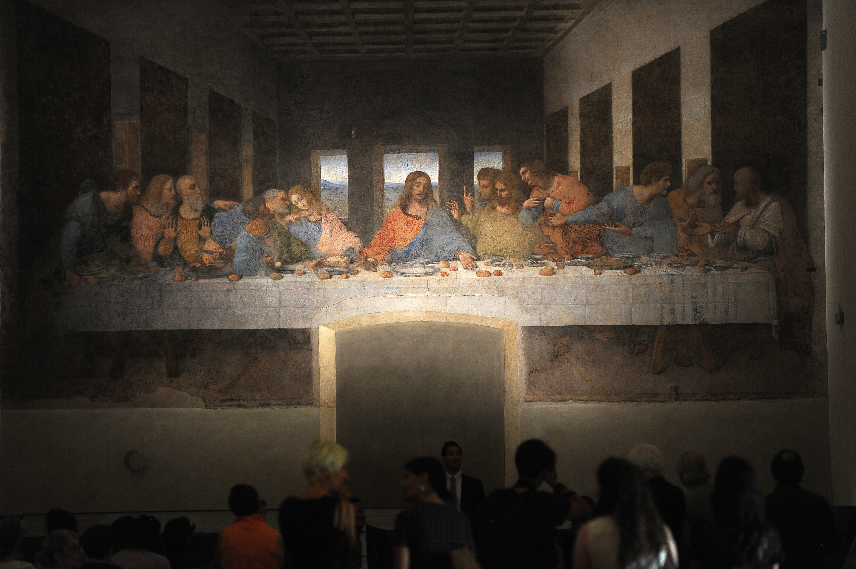 The painting 'The Last Supper' is displayed at the Museo del Cenacolo Vinciano during the Leonardo Da Vinci Prime Idee Per l'Ultima Cena' Exhibition press preview at Cenacolo Vinciano Mesueum on June 18, 2018 in Milan, Italy.