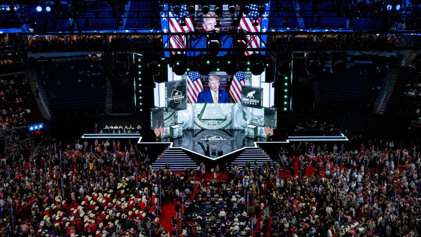 A video of former US President Donald Trump is shown during the Republican National Convention (RNC) at the Fiserv Forum in Milwaukee, Wisconsin, US, on Monday, July 15, 2024. Former President Donald Trump tapped JD Vance as his running mate, elevating to the Republican presidential ticket a venture capitalist-turned-senator whose embrace of populist politics garnered national attention and made him a rising star in the party. Photographer: Al Drago/Bloomberg via Getty Images