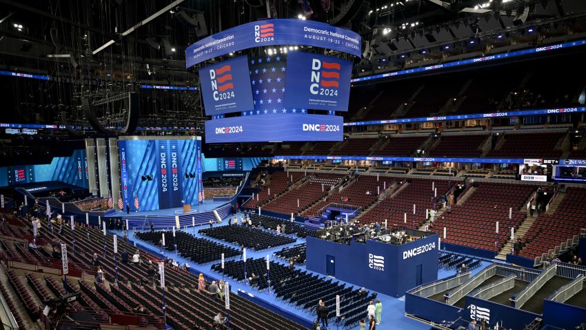 The stage is prepared ahead of the Democratic National Convention (DNC) at the United Center in Chicago, Illinois, US, on Monday, Aug. 19, 2024.