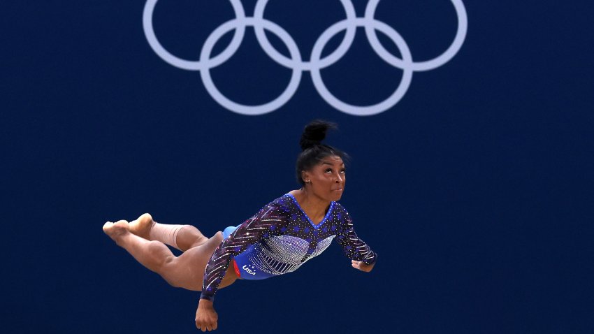 PARIS, FRANCE – AUGUST 01: Simone Biles of Team United States competes in the floor exercise during the Artistic Gymnastics Women’s All-Around Final on day six of the Olympic Games Paris 2024 at Bercy Arena on August 01, 2024 in Paris, France. (Photo by Christian Petersen/Getty Images)