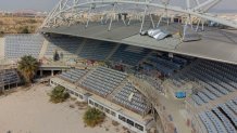 This photograph taken on February 19, 2024 shows the abandoned beach volleyball stadium at the Faliro Olympic coastal zone in Athens. Used sparingly in the last 20 years, the fate of Greece's 2004 Olympic venues is emblematic of the country's long-running failure to capitalise on the legacy of a Games that cost 8.5 billion euros (.1 billion) according to the Greek finance ministry. (Photo by Angelos TZORTZINIS / AFP) (Photo by ANGELOS TZORTZINIS/AFP via Getty Images)