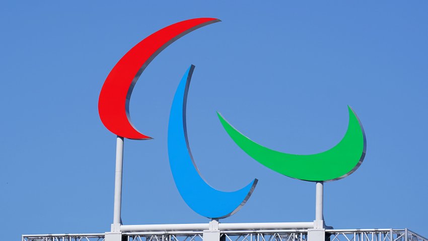 The Agitos Logo can be seen below the Eiffel tower ahead of the Paris 2024 Summer Paralympic Games. Picture date: Tuesday August 27, 2024. (Photo by Zac Goodwin/PA Images via Getty Images)