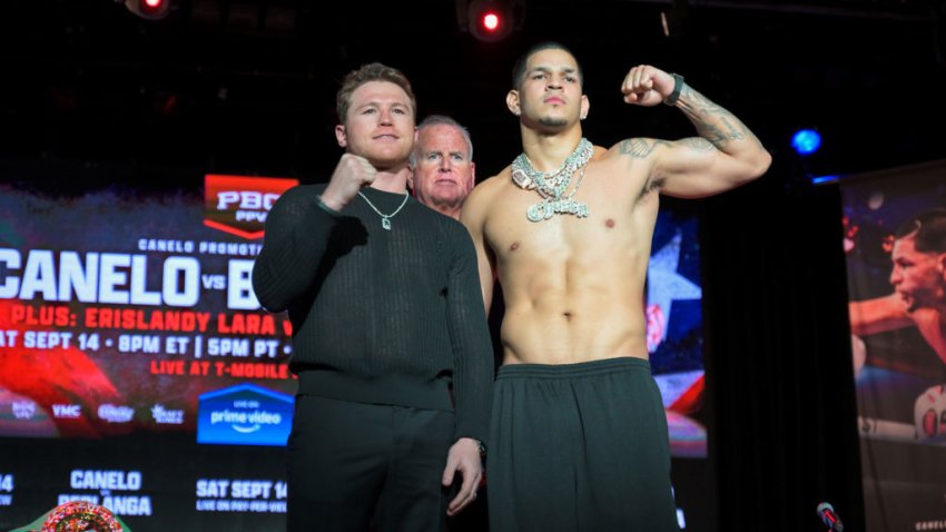 NEW YORK, NEW YORK – AUGUST 05: Canelo Alvarez and Edgar Berlanga attend the Canelo Alvarez and Edgar Berlanga press conference on August 05, 2024 in New York City. (Photo by Johnny Nunez/WireImage)