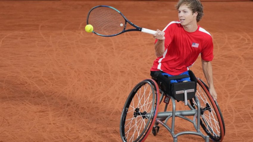 Conner Stroud of the United States competes during the wheelchair tennis men’s singles first round match against Jose Pablo Gil of Costa Rica at the Paris 2024 Paralympic Games in Paris, France, Aug. 30, 2024. (Photo by He Canling/Xinhua via Getty Images)