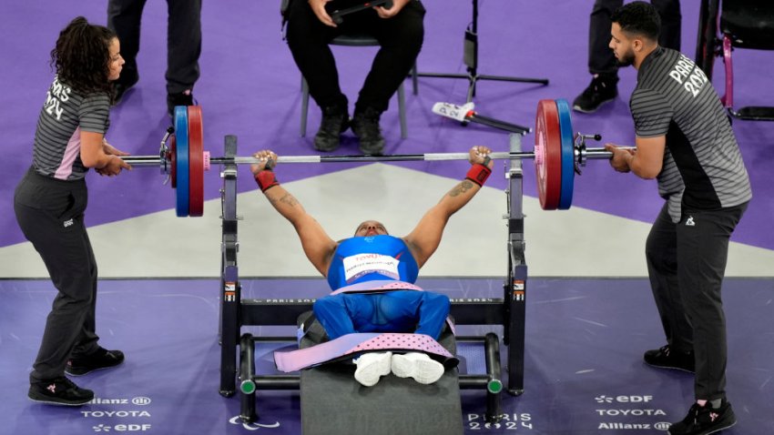 Paris, France – September 5: Clara Sarahy Fuentes Monasterio of Venezuela competes during Para Powerlifting Women’s Up to 50kg Final on day 8 of the Paris 2024 Summer Paralympic Games at Porte de La Chapelle Arena on September 5, 2024 in Paris, France. (Photo by Matteo Ciambelli/DeFodi Images via Getty Images)