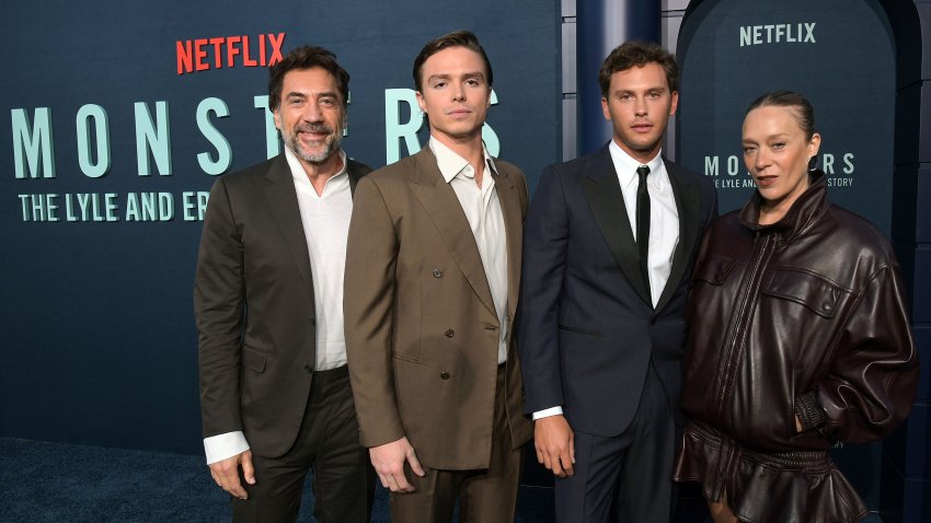 LOS ANGELES, CALIFORNIA – SEPTEMBER 16: (L-R) Javier Bardem, Nicholas Alexander Chavez, Cooper Koch, and Chlo√´ Sevigny attend Netflix’s “Monsters: The Lyle and Erik Menendez Story” | LA Premiere at The Egyptian Theatre Hollywood on September 16, 2024 in Los Angeles, California. (Photo by Charley Gallay/Getty Images for Netflix)