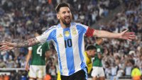 Lionel Messi celebrates his first goal of the night during a match between Argentina and Bolivia at Estadio Mas Monumental Antonio Vespucio Liberti in Buenos Aires, Argentina, on October 15. (Photo by Federico Peretti/NurPhoto via Getty Images)