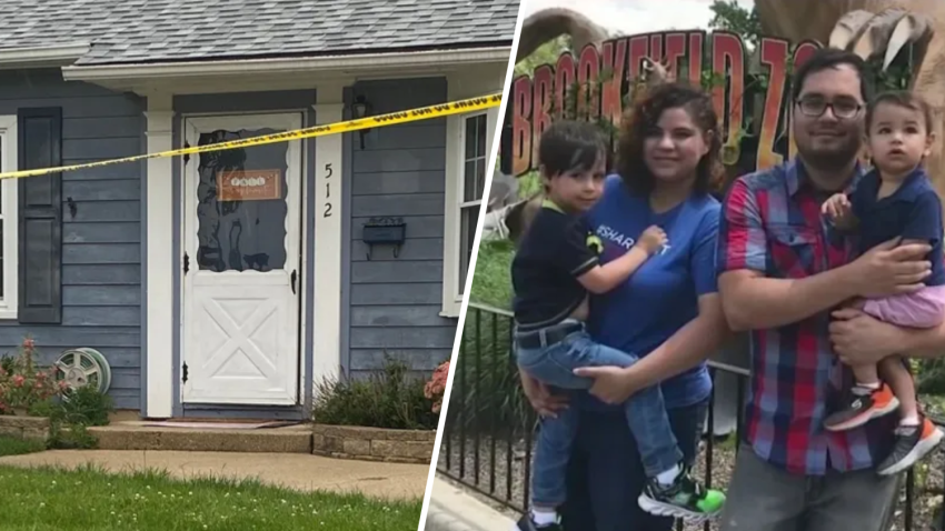 Foto de casa acordonada con familia al otro lado.