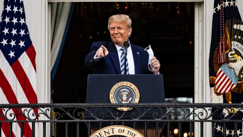 WASHINGTON, DC – OCTOBER 10: U.S. President Donald Trump addresses a rally in support of law and order on the South Lawn of the White House on October 10, 2020 in Washington, DC. President Trump invited over two thousand guests to hear him speak just a week after he was hospitalized for COVID-19.  (Photo by Samuel Corum/Getty Images)