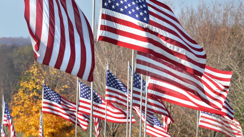 Banderas estadounidenses se alinean en la entrada durante la Ceremonia del Día de los Veteranos del Cementerio Nacional de Saratoga Gerald B. H. Solomon el martes 11 de noviembre de 2014, en Schuylerville, NY. (Foto de John Carl D’Annibale /Albany Times Union vía Getty Images)