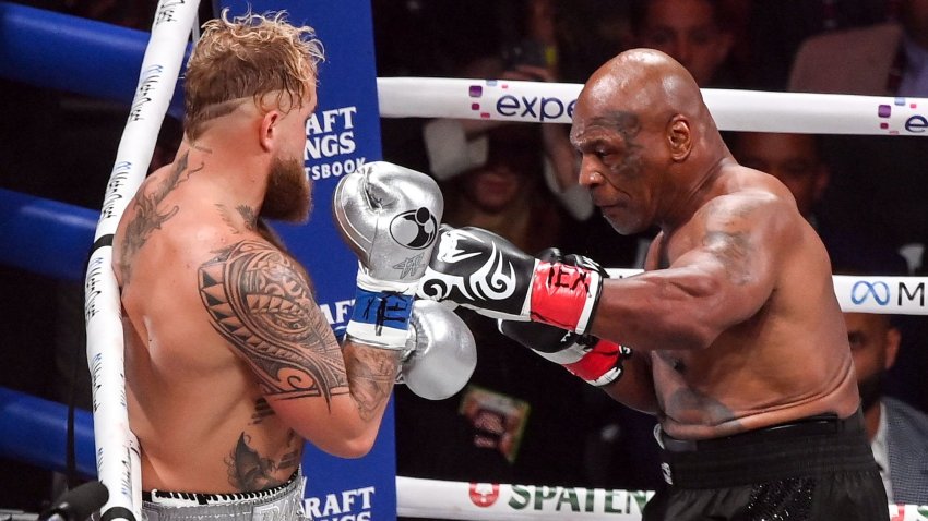 Texas , United States – 15 November 2024; Mike Tyson, right, and Jake Paul during their heavyweight bout at AT&T Stadium in Arlington, Texas, USA. (Photo By Stephen McCarthy/Sportsfile via Getty Images)