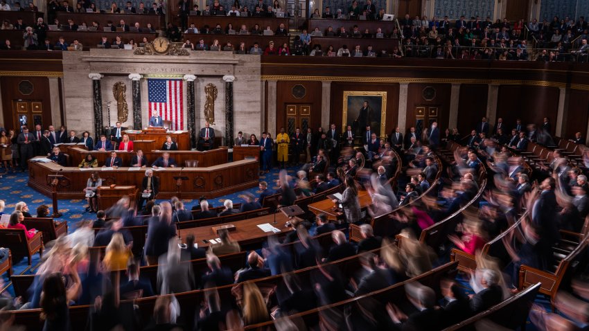 UNITED STATES – OCTOBER 25: Republican members rise in the House chamber of the U.S. Capitol as House Republican Conference Chair Elise Stefanik, R-N.Y., introduced speaker-designate Rep. Mike Johnson, R-La., on Wednesday, October 25, 2023. (Tom Williams/CQ-Roll Call, Inc via Getty Images)