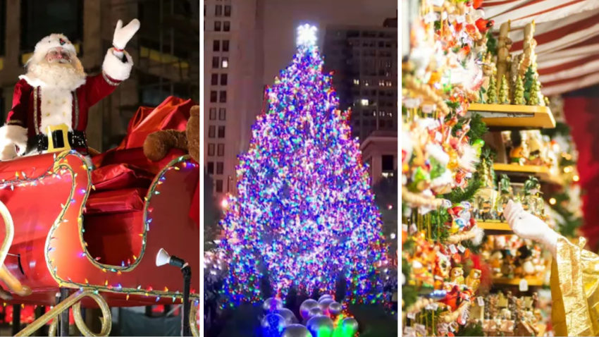 Foto de Santa Claus, árbol de navidad y decoraciones navideñas