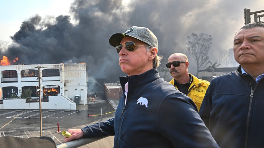 PCIFIC PALISADES, CA – January 08: California Governor Gavin Newsom, left, surveys damage in Pacific Palisades with CalFire’s Nick Schuler, center, and State Senator Alex Padilla during the Palisades Fire on Wednesday, January 8, 2025, in Pacific Palisades, CA.
(Photo by Jeff Gritchen/MediaNews Group/Orange County Register via Getty Images)