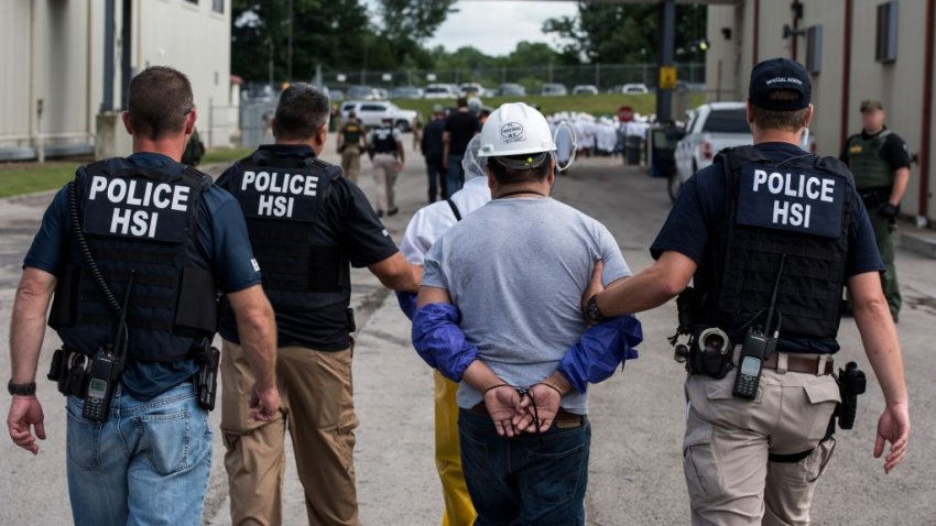 US Immigration and Customs Enforcement’s (ICE) Homeland Security Investigations (HSI) special agents arrested alleged immigration violators at Fresh Mark, Salem, June 19, 2018. Image courtesy ICE ICE / U.S. Immigration and Customs Enforcement. (Photo by Smith Collection/Gado/Getty Images)