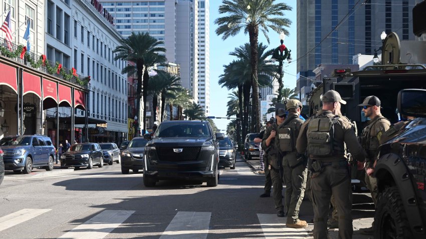 NEW ORLEANS, LOUISIANA, UNITED STATES – JANUARY 2: Police, HSI, ATF and FBI agents are maintaining a high security presence as Bourbon Street, Canal Street and the French Quarter re-opens following the New Year’s Day truck ramming attack in New Orleans, Louisiana, United States on Thursday, January 2, 2025. 42-year-old Shamsud-Din Jabbar drove a pickup truck around a police barricade across Bourbon Street, striking dozens of pedestrians who had been celebrating the arrival of the New Year. Jabbar was killed in a shootout with law enforcement that wounded two New Orleans police officers. Over 10 people were killed in the early morning hours of New Year’s Day. Following the attack, the area reopened Thursday afternoon under an extremely heavy police presence with officers in tactical gear as the public roamed the streets thankful that the area is opened for business. (Photo by Kyle Mazza/Anadolu via Getty Images)