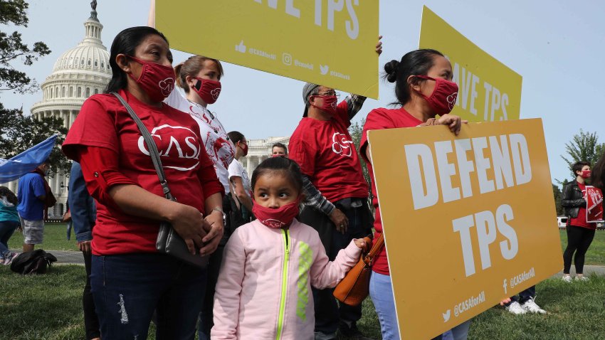 WASHINGTON, DC – SEPTEMBER 15: Supporters of the National TPS Alliance, a grassroots organization made up of immigrant rights groups, rally at the U.S. Capitol following a federal court ruling that threatens the legal standing of thousands of protected residents September 15, 2020 in Washington, DC. The U.S. Court of Appeals for the Ninth Circuit lifted an injunction on the Trump Administration’s ability to erase the temporary protected status of 400,000 people from six countries, including El Salvador, Haiti, Honduras, Nepal, Nicaragua, and Sudan. The immigrants, some who have lived in the United States for decades after fleeing civil war and natural disasters, could be deported next year if they do not voluntarily leave the country. (Photo by Chip Somodevilla/Getty Images)