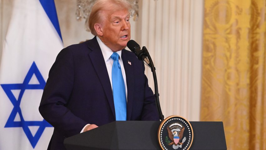 WASHINGTON D.C., UNITED STATES – FEBRUARY 04: United States President Donald Trump and Israeli Prime Minister Benjamin Netanyahu (not seen) hold a joint press conference in the East Room at the White House in Washington, D.C., United States on February 04, 2025. (Photo by Kyle Mazza/Anadolu via Getty Images)