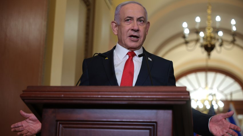 WASHINGTON, DC – FEBRUARY 07: Israeli Prime Minister Benjamin Netanyahu delivers remarks following a meeting with U.S. Speaker of the House Mike Johnson (R-LA) at the U.S. Capitol on February 07, 2025 in Washington, DC. Netanyahu is in Washington for talks with Republican Congressional leaders after visiting the White House for meetings with President Donald Trump, who proposed that the United States take an ownership position of Gaza, transferring millions of Palestinians out as the area is rebuilt and developed. (Photo by Kayla Bartkowski/Getty Images)