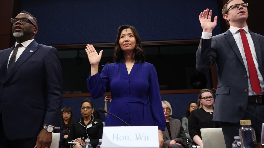 WASHINGTON, DC – MARCH 05: (L-R) Chicago Mayor Brandon Johnson, Boston Mayor Michelle Wu and David J. Bier, Director of Immigration Studies at the Cato Institute, are sworn in during a House Oversight and Government Reform Committee hearing on sanctuary cities’ policies at the U.S. Capitol on March 05, 2025 in Washington, DC. The hearing comes as President Donald Trump looks to implement key elements of his immigration policy, while threatening to cut funding to cities that resist the administration’s immigration efforts. (Photo by Kayla Bartkowski/Getty Images)