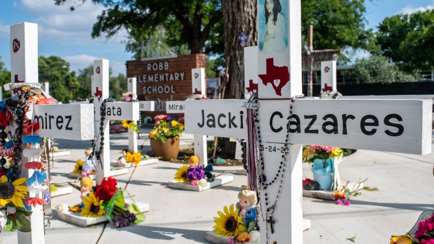 UVALDE, TX-MAY 22: A memorial for the 19 students and 2 teachers killed at Robb Elementary School on Monday, May 22, 2023 in Uvalde, TX. As the one year anniversary of the Robb Elementary School shooting approaches, families grapple with their grief and their struggle to fight for justice both locally and nationally in the form of gun legislation.  (Sergio Flores for The Washington Post via Getty Images)