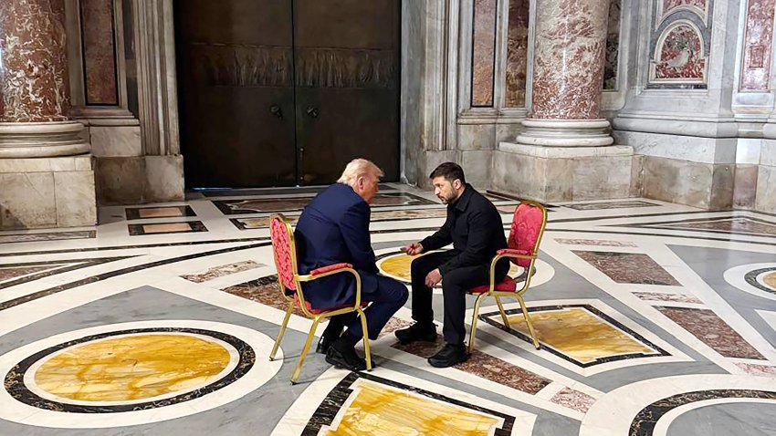VATICAN CITY, VATICAN – APRIL 26: (EDITOR’S NOTE: This handout image was provided by a third-party organization and may not adhere to Getty Images’ editorial policy.) In this handout photo released via the official social media channels of the Office of the President of Ukraine, Ukraine’s President Volodymyr Zelensky (R) meets with U.S. President Donald Trump (L) during Pope Francis’s funeral at St. Peter’s Basilica at the Vatican, on April 26, 2025 in Vatican City, Vatican. Pope Francis died on April 21st, aged 88. Anointed in 2013, Argentinian Jorge Mario Bergoglio was the first Latin American and Jesuit Pope. Taking the name Francis after St Francis of Assisi, he was a more humble Pope than many of his predecessors and will be buried outside of the Vatican in a simple wooden coffin at the Basilica Santa Maria Maggiore. (Photo by Office of the President of Ukraine via Getty Images)