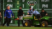 PITTSBURGH, PENNSYLVANIA – APRIL 30: A fan is carted off the field after falling from the stands during the seventh inning of the game between the Chicago Cubs and the Pittsburgh Pirates at PNC Park on April 30, 2025 in Pittsburgh, Pennsylvania. (Photo by Joe Sargent/Getty Images)