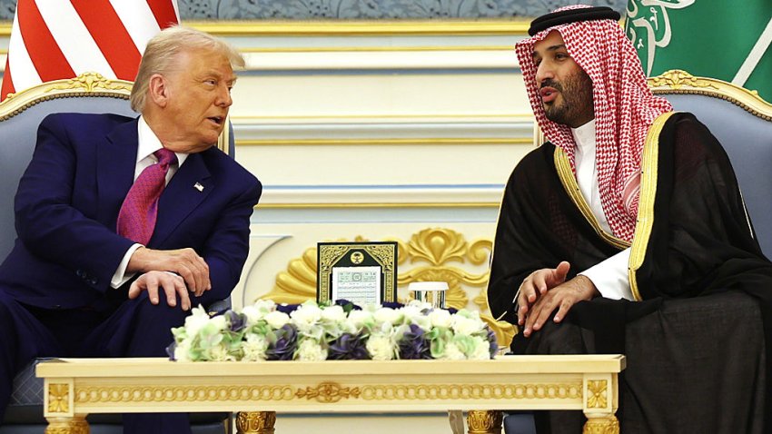 RIYADH, SAUDI ARABIA – MAY 13: U.S. President Donald Trump meets with Saudi Crown Prince Mohammed bin Salman during a “coffee ceremony” at the Saudi Royal Court on May 13, 2025, in Riyadh, Saudi Arabia. Trump begins a multi-nation tour of the Gulf region focused on expanding economic ties and reinforcing security cooperation with key U.S. allies.  (Photo by Win McNamee/Getty Images)