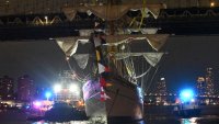 NEW YORK CITY, USA – MAY 17: A view of the Mexican navy tall ship being tended by the authorities after it crashes into the Brooklyn Bridge in Manhattan, New York, USA on May 18, 2025. The ship, which has a crew of 277, collided with the bridge’s road deck and left multiple crew members seriously injured, and two people passed away, according officials and sources. (Photo by Kyle Mazza/Anadolu via Getty Images)
