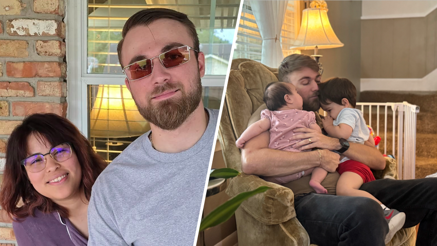 El veterano de marines Adrian Clouatre abraza a su hija de 3 meses, Lyn y a su hijo de casi dos años, Noah, en su casa en Baton Rouge, Luisiana, el martes 17 de junio de 2025. (AP Foto/Stephen Smith)