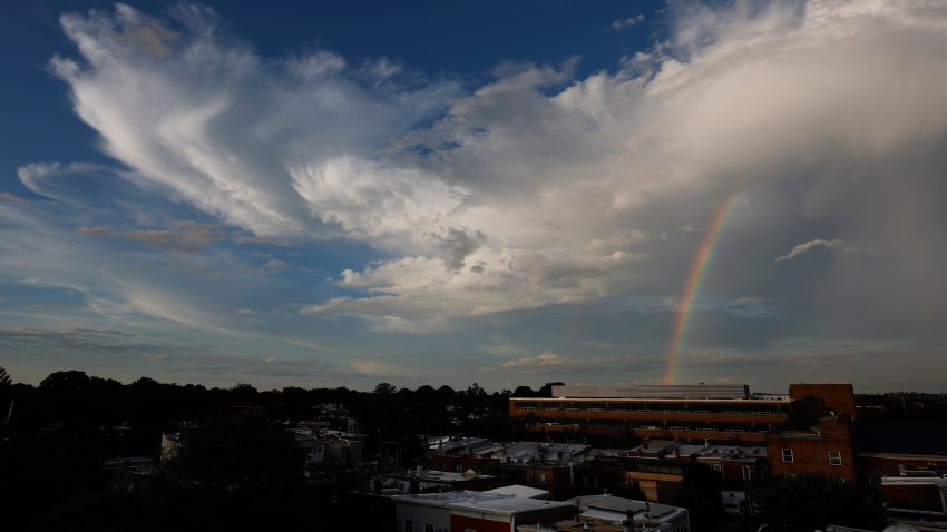 WASHINGTON, DC – JUNE 18: A rainbow appears as thunderstorms move through the Washington metropolitan area on a hot and humid spring day on June 18, 2025 in Washington, DC. Extreme humidity and heat are expected in the region over the upcoming weeks. (Photo by Kevin Carter/Getty Images)