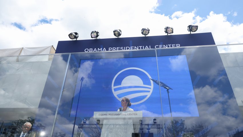 Former US First Lady Michelle Obama speaks during the opening of the Obama Presidential Center in the Jackson Park neighborhood of Chicago, Illinois, US, on Thursday, June 18, 2026. Intended as a celebration of the progress embodied by the nation’s first Black leader, its Juneteenth unveiling comes at a time when his agenda – and broader diversity initiatives – are wilting from a decade of concerted attack. Photographer: Talia Sprague/Bloomberg via Getty Images