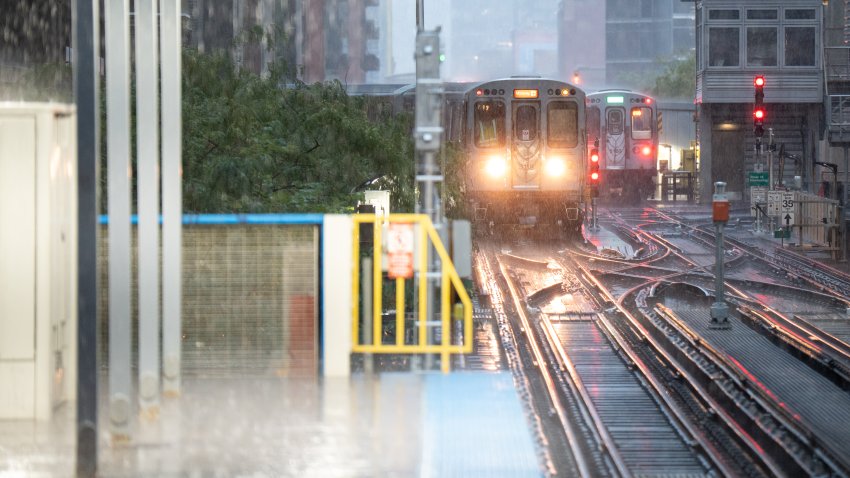 A Chicago Transit Authority elevated L train is seen on the Loop during a rain storm in Chicago, Illinois, United States, on July 27, 2026. Severe weather brought heavy rainfall and thunderstorms across the Chicago metropolitan area. (Photo by Marcin Golba/NurPhoto via Getty Images)