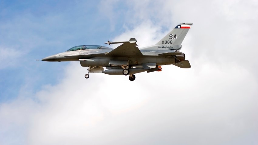 Texas National Guard F-16 Falcon Jet Fighter Landing. (Photo By: MyLoupe/UIG Via Getty Images)
