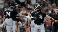 HOUSTON, TEXAS – SEPTEMBER 30: Chase Meidroth #10 of the Chicago White Sox celebrates with Braden Montgomery #24 after hitting a three run home run against the Houston Astros during the sixth inning in game two of the American League Wild Card Series at Daikin Park on September 30, 2026 in Houston, Texas.  (Photo by Kenneth Richmond/Getty Images)