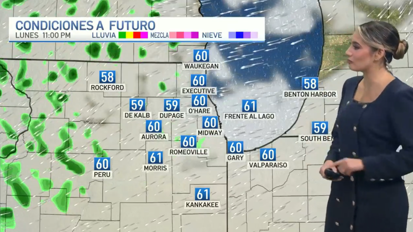 Jessica Suárez y un mapa del área de Chicago con temperaturas.