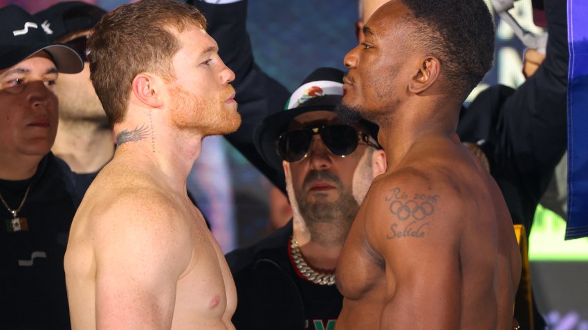 Mexico’s Canelo Alvarez (L) and France’s Christian Mbilli face off during the weigh-in ahead of their WBC Super Middleweight World Championship title fight in Riyadh on October 30, 2026. (Photo by Fayez NURELDINE / AFP via Getty Images)